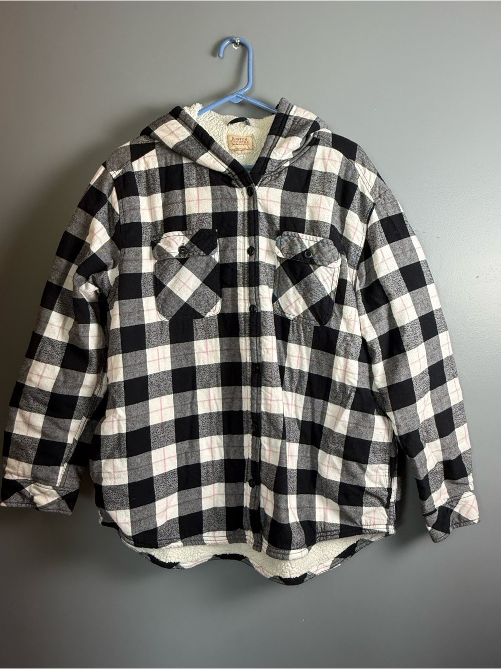 Boston Traders Jacket Womens XXL Black White Buffalo Plaid Flannel Check Fleece
